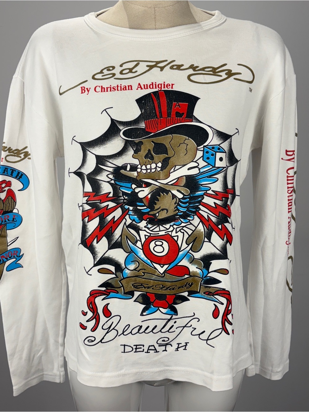 Ed Hardy Christian Audigier Woman Beautiful Death Skull White Long Sleeve Top XL